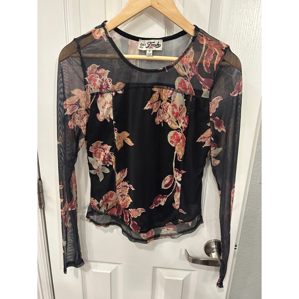 She's So Fresh Long Sleeve Top Black Floral Mesh Corset Style Seam Detail Blouse